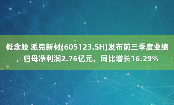 概念股 派克新材(605123.SH)发布前三季度业绩，归母净利润2.76亿元，同比增长16.29%